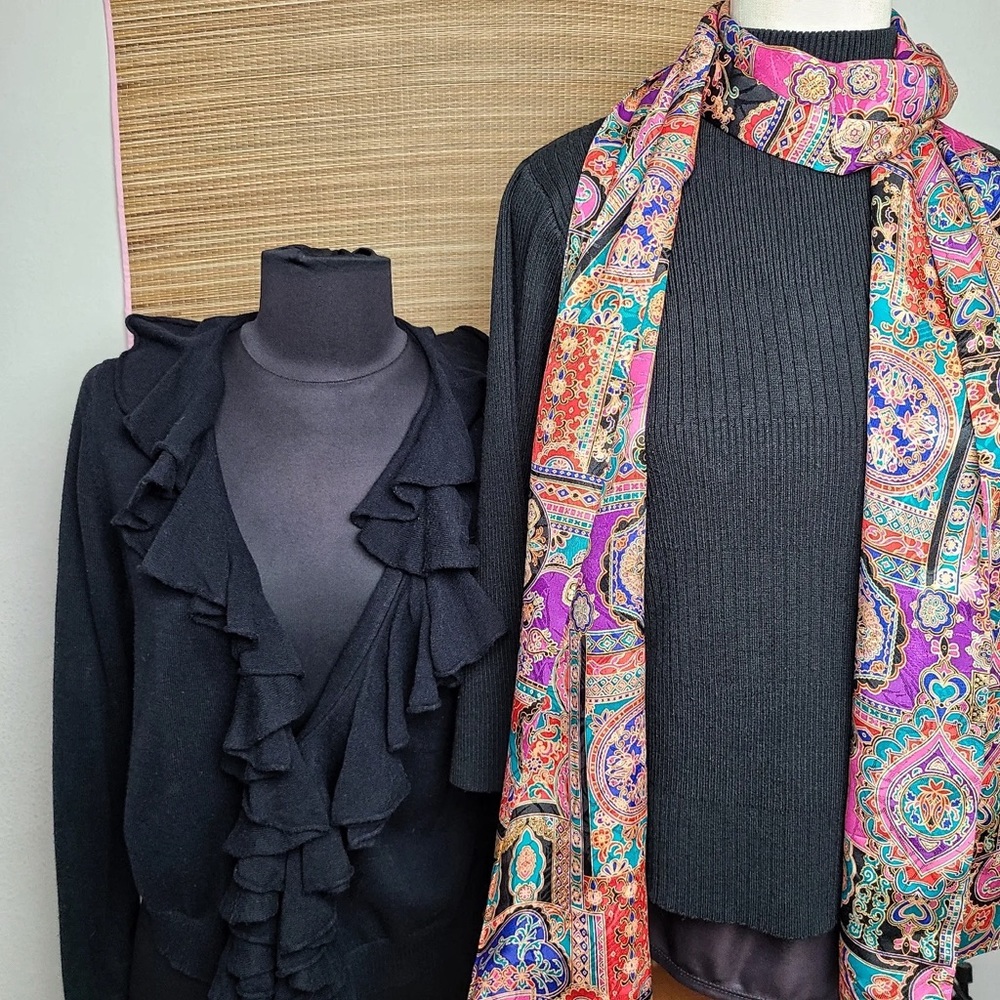 Long Satin jacquard scarf Jewel tones, two fabric pc sewn together Silk Blend - Picture 2 of 5
